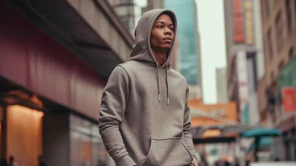 A luxury hoodie being worn by a model in an upscale trendy setting like an urban street modern cafe or high end interior 3