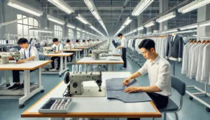 A modern Chinese clothing manufacturing factory with skilled workers