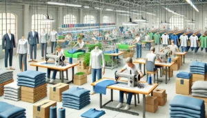 A modern clothing factory with workers assembling garments sewing machines in action