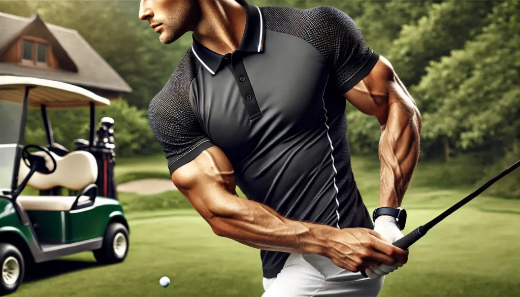 A person playing golf or tennis while wearing a moisture wicking athletic polo shirt