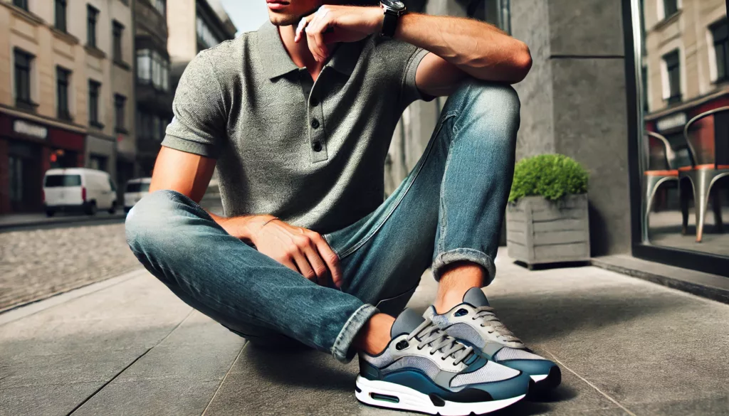 A person wearing a stylish polo shirt paired with jeans and sneakers showcasing a relaxed everyday outfit