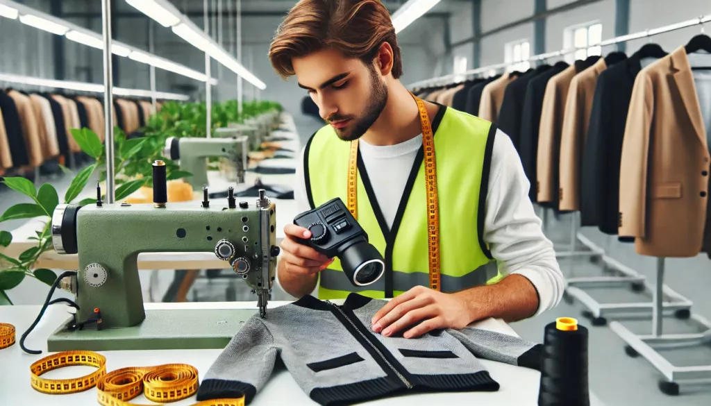 A quality control expert inspecting finished garments checking stitching