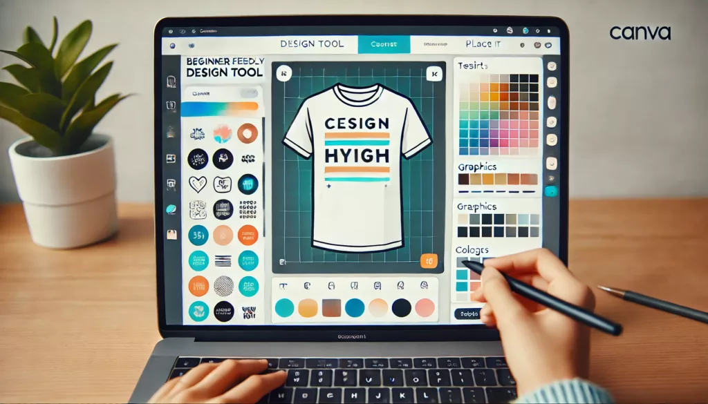 A screenshot of a beginner friendly design tool like Canva or Placeit displaying a clothing design in progress