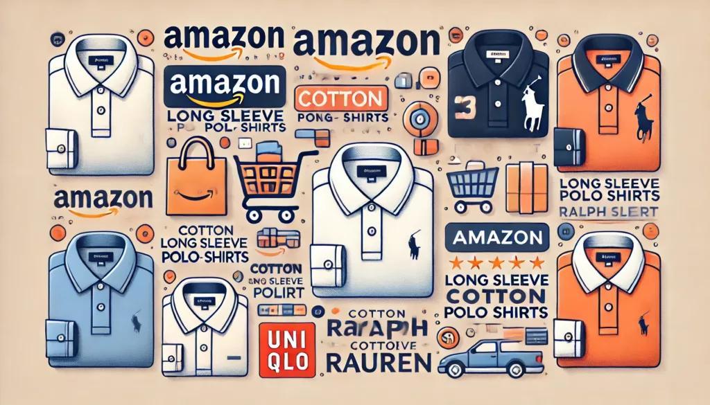 A shopping themed image featuring popular online stores and brands selling cotton long sleeve polo shirts