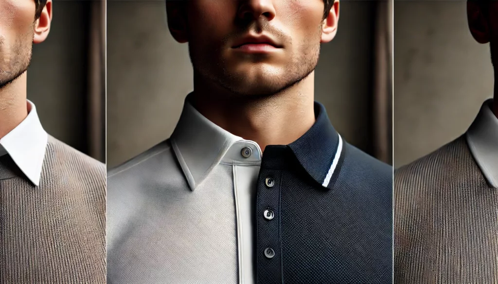 A side by side comparison image of a shirt collar polo vs. a traditional polo shirt