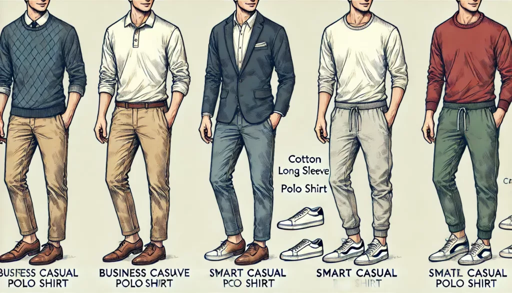 A side by side image showing three different ways to style a cotton long sleeve polo shirt