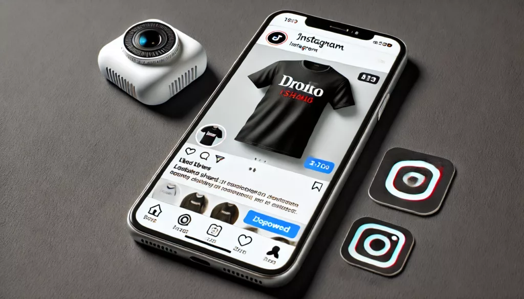 A smartphone screen showing a social media post promoting a clothing brand including a custom t shirt design