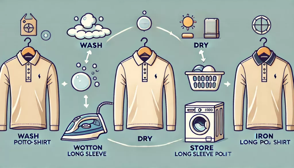 A step by step infographic illustrating how to properly wash dry iron and store a cotton long sleeve polo shirt to maintain its fabric quality and