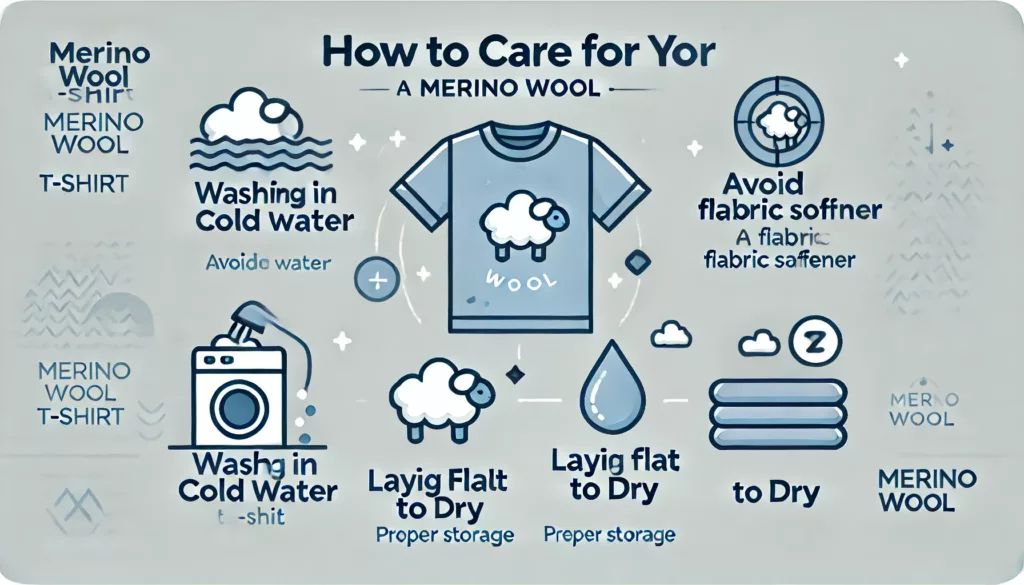 A step by step infographic showing how to care for a Merino wool t shirt