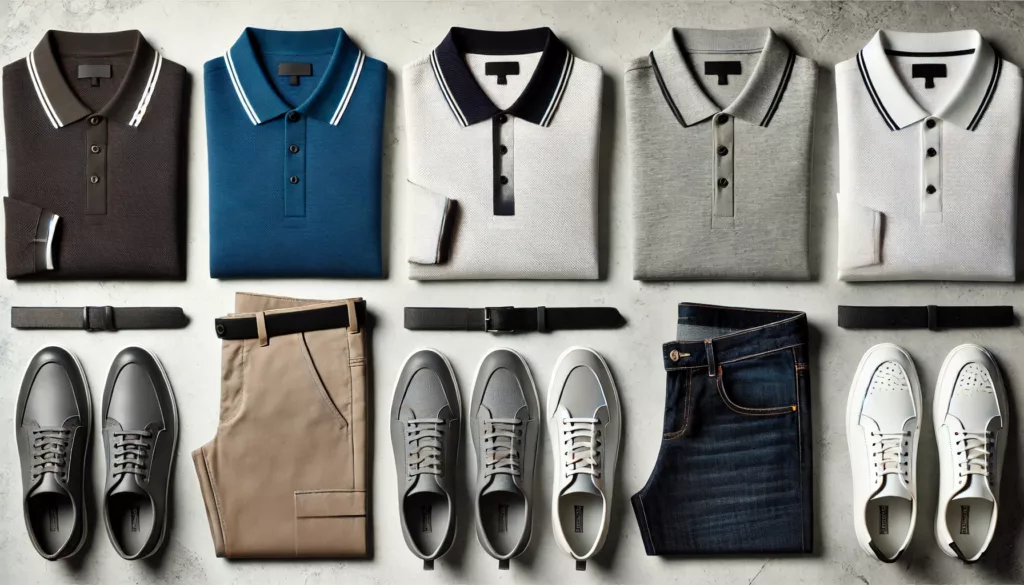 A stylish flat lay of slim fit polo shirts with outfit combinations