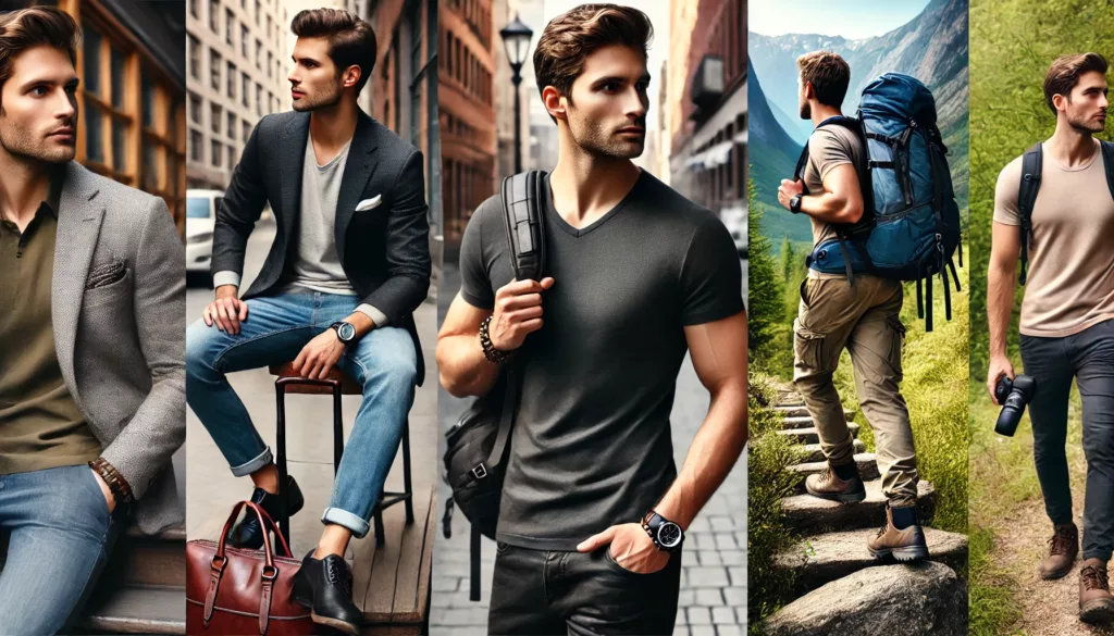 A stylish model wearing a Merino wool t shirt in different settings