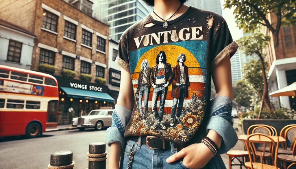 A trendy young person or influencer wearing a vintage t shirt in an urban setting