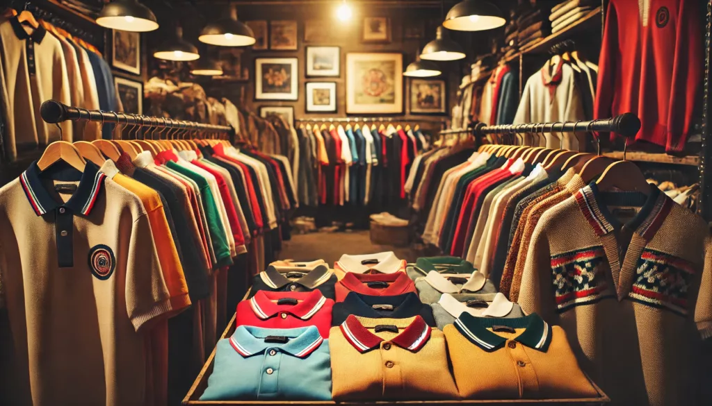 A vintage clothing store with racks of retro polo shirt