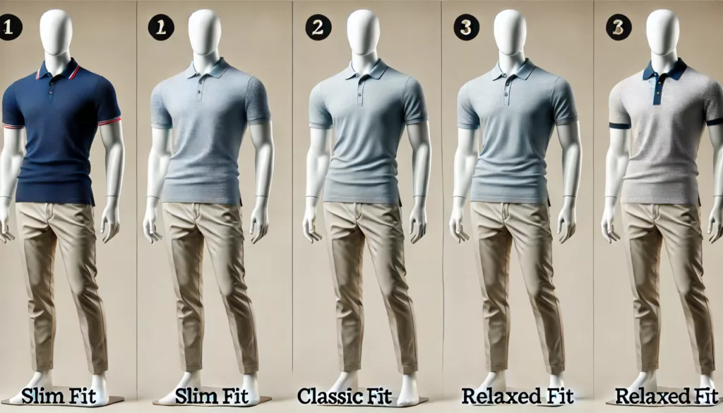 A visual comparison of slim fit classic fit and relaxed fit polo shirts on different body types