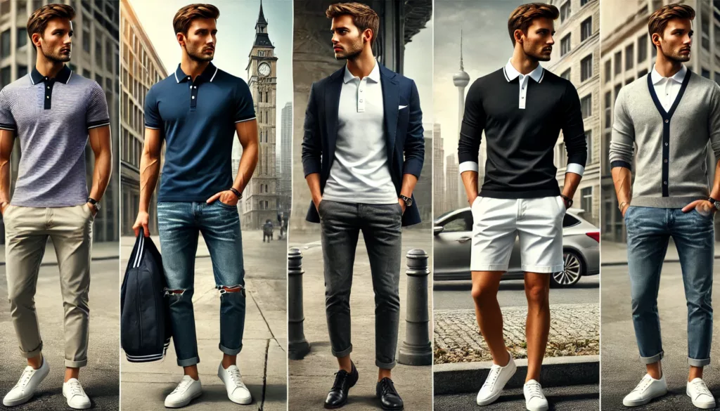 A visual guide showcasing different ways to style a shirt collar polo. The image features three outfits a casual look with a navy blue polo and jeans