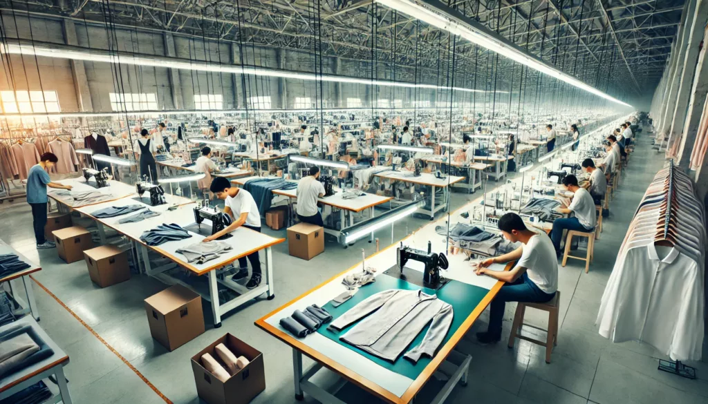 A well lit modern clothing production line with workers cutting sewing