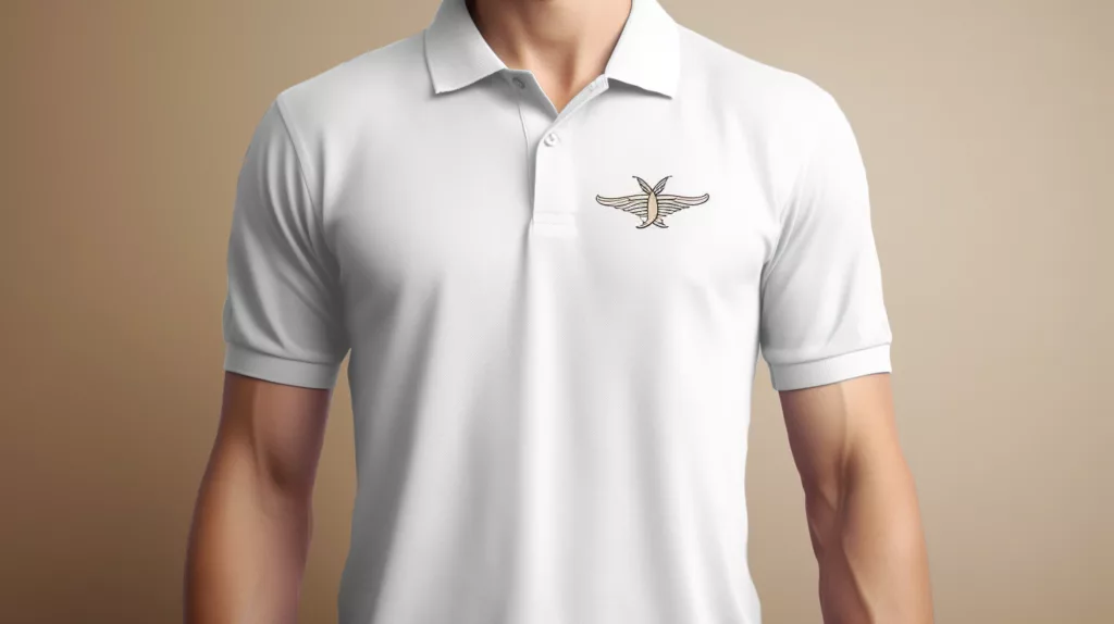 A well lit polo shirt with close up details of the embroidered or printed logo highlighting fabric texture and stitching 1