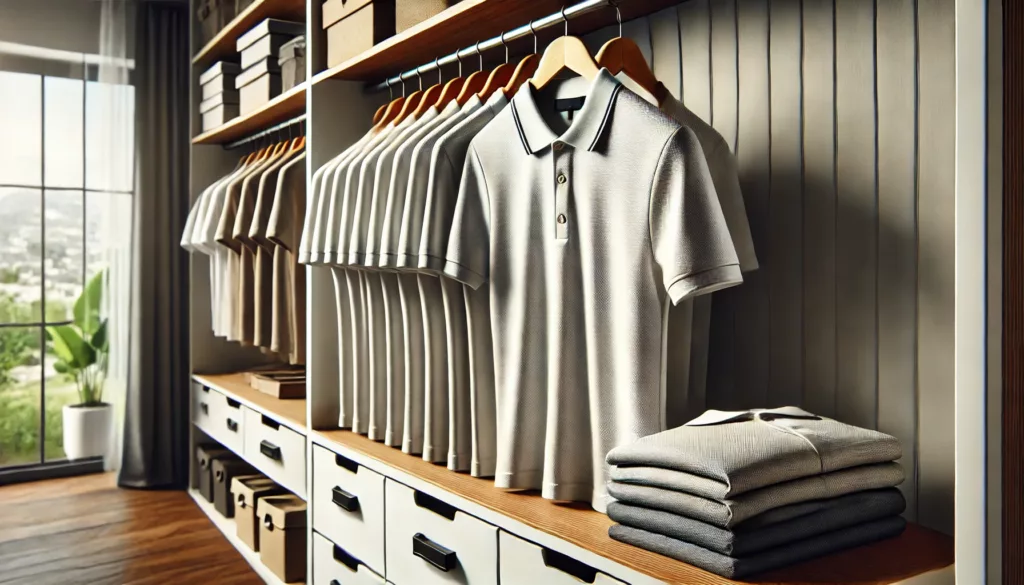 A well organized wardrobe showcasing proper polo shirt storage