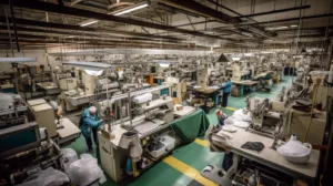 A wide angle shot of a manufacturing floor with machines at work workers cutting fabric sewing garments or packaging finished clothing. This image emphasizes the in