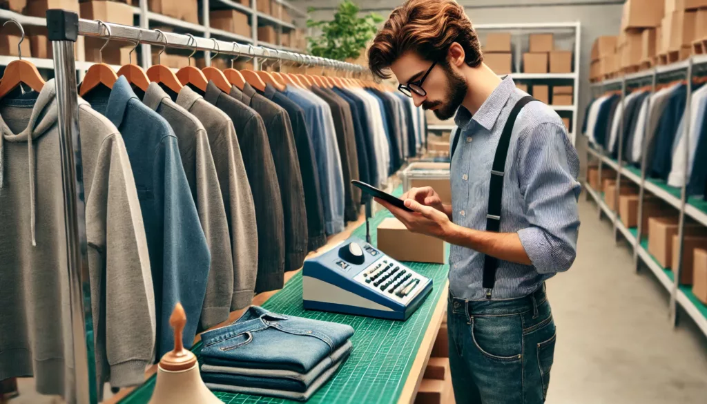 A worker carefully inspecting finished garments on racks in a clothing manufacturing facility