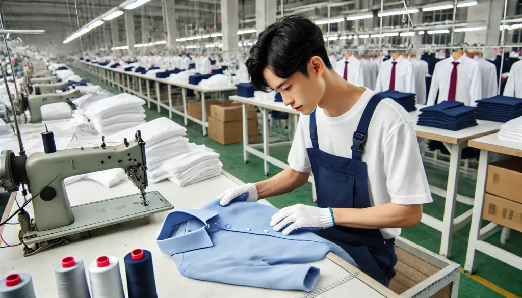 A worker inspecting garments for stitching and consistency