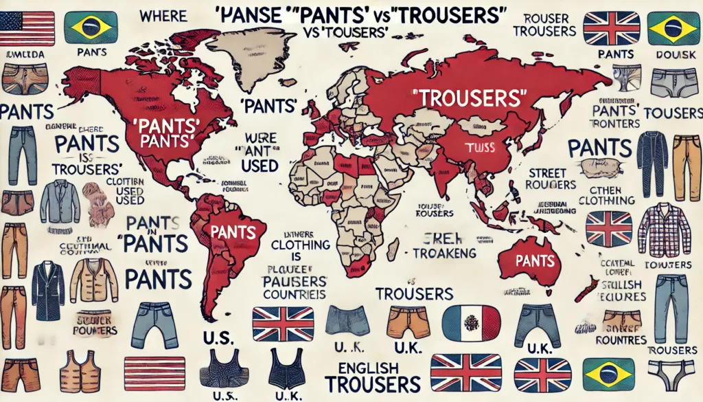 A world map showing the different use of pants vs trousers