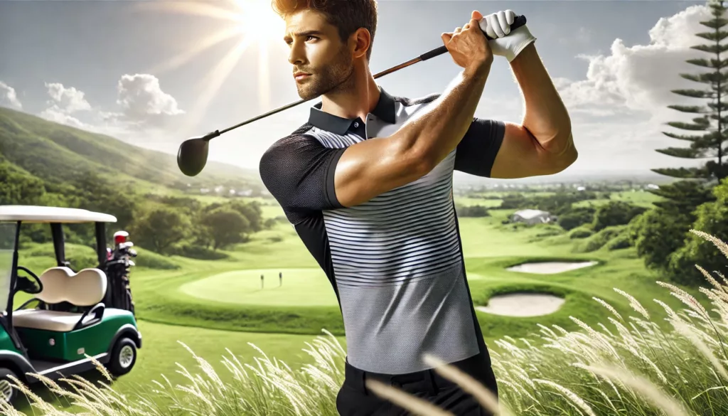 An active man wearing a moisture wicking polo shirt while playing golf