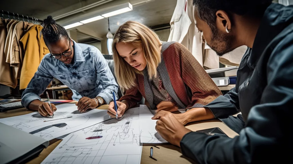 An image of designers working on custom activewear designs possibly at a computer or sketching on paper. The image could show design software in use or a garment with