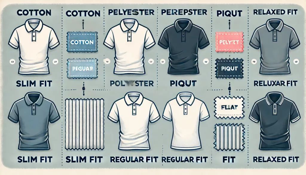 An infographic displaying different types of polo t shirts categorized by fabric and fit