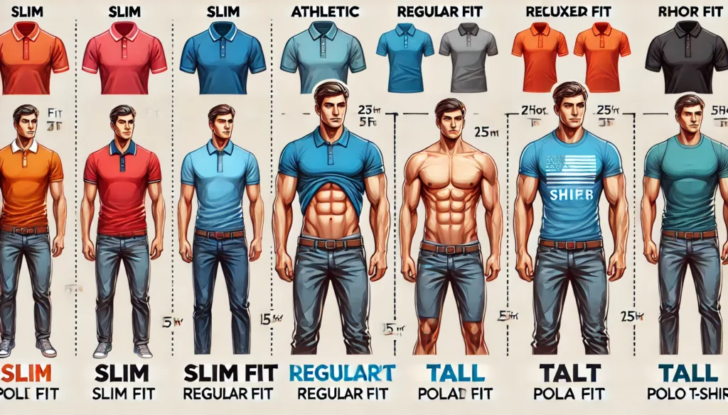 An infographic showing different body types with recommended polo t shirt fits