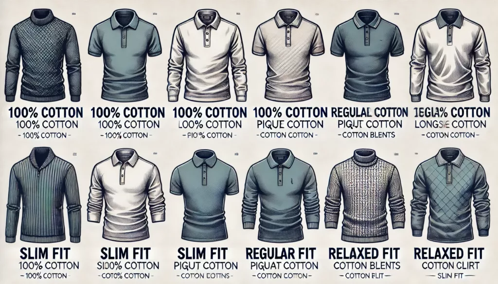 An infographic showing different types of cotton long sleeve polo shirts categorized by fabric and fit