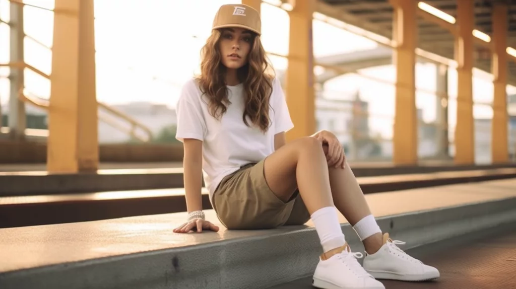 Athleisure Aesthetic A woman wearing a baseball jersey with leggings biker shorts and a baseball cap 1