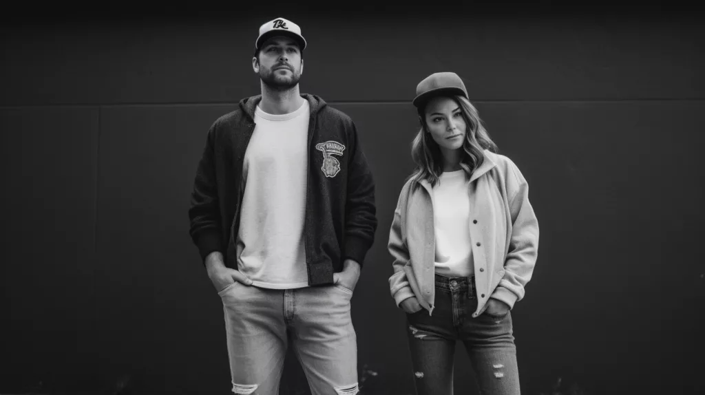 Classic Casual Look A man and woman wearing a baseball jersey with jeans and sneakers 2