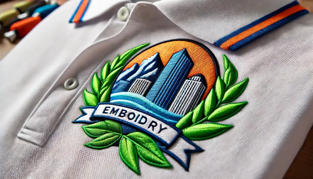 Close up of embroidery details on a polo shirt