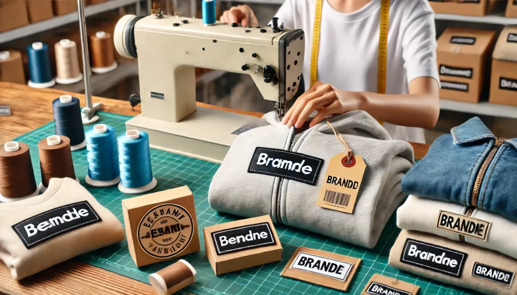 Clothing labels and brand logos being stitched onto garments