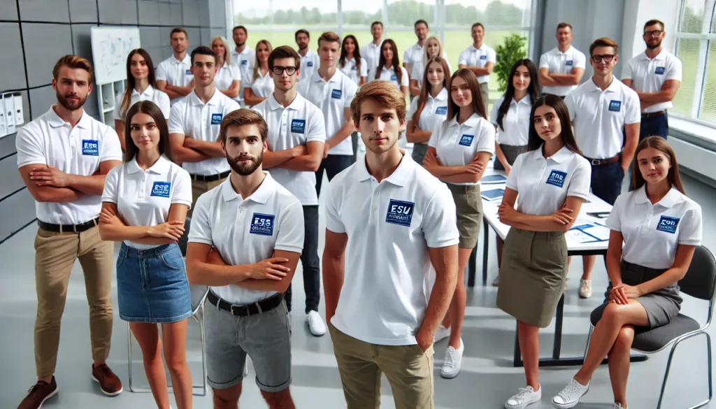 Employees wearing branded polo shirts in a professional setting