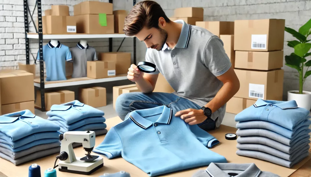 Expert inspecting polo shirts before shipping