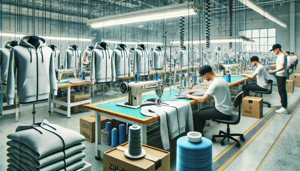 Manufacturing process inside a factory showing workers sewing and attaching zippers