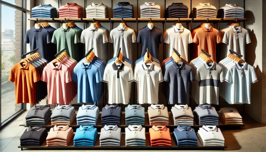 Multiple polo shirts in different fits slim regular relaxed and various colors neatly stacked or arranged on mannequins