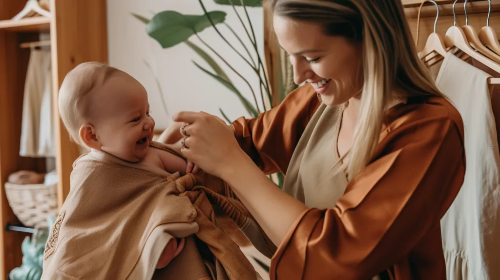 Parent dressing baby in bamboo clothes showing ease and comfort for babies 3