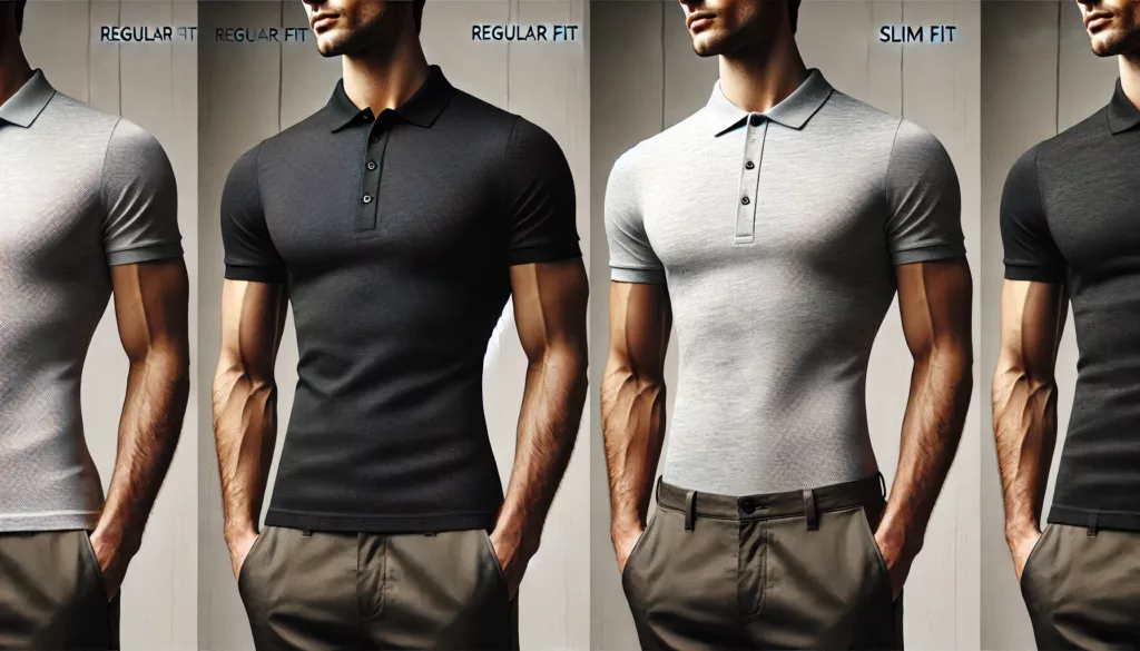 Side by side comparison of a regular fit polo and a slim fit polo