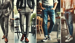 Split image showing formal trousers and casual pants