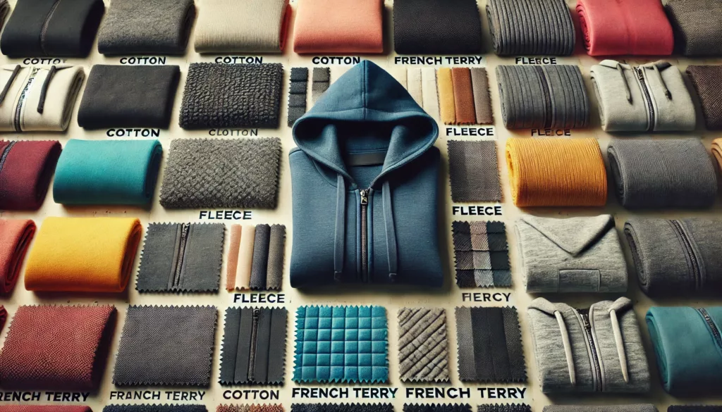 Various fabric swatches used in zip up hoodies including cotton fleece and French terry