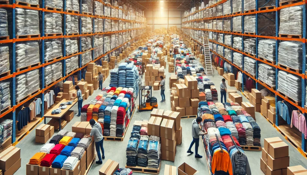 Warehouse with bulk packed clothing