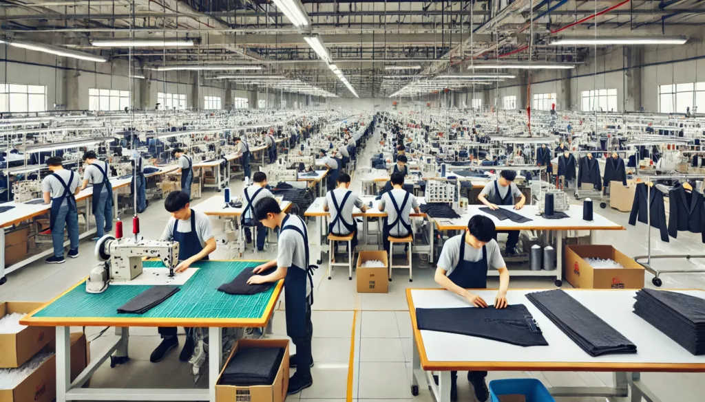 Workers in a large scale clothing production line cutting sewing